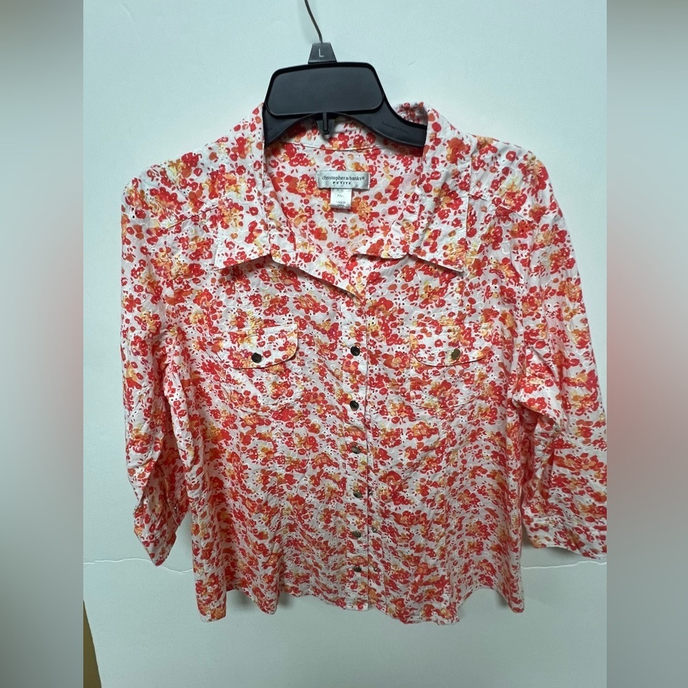 CHRISTOPHER & BANKS SOFT BREATHABLE EYELET FABRIC CORAL-PINK-YELLOW 
SIZE PXL